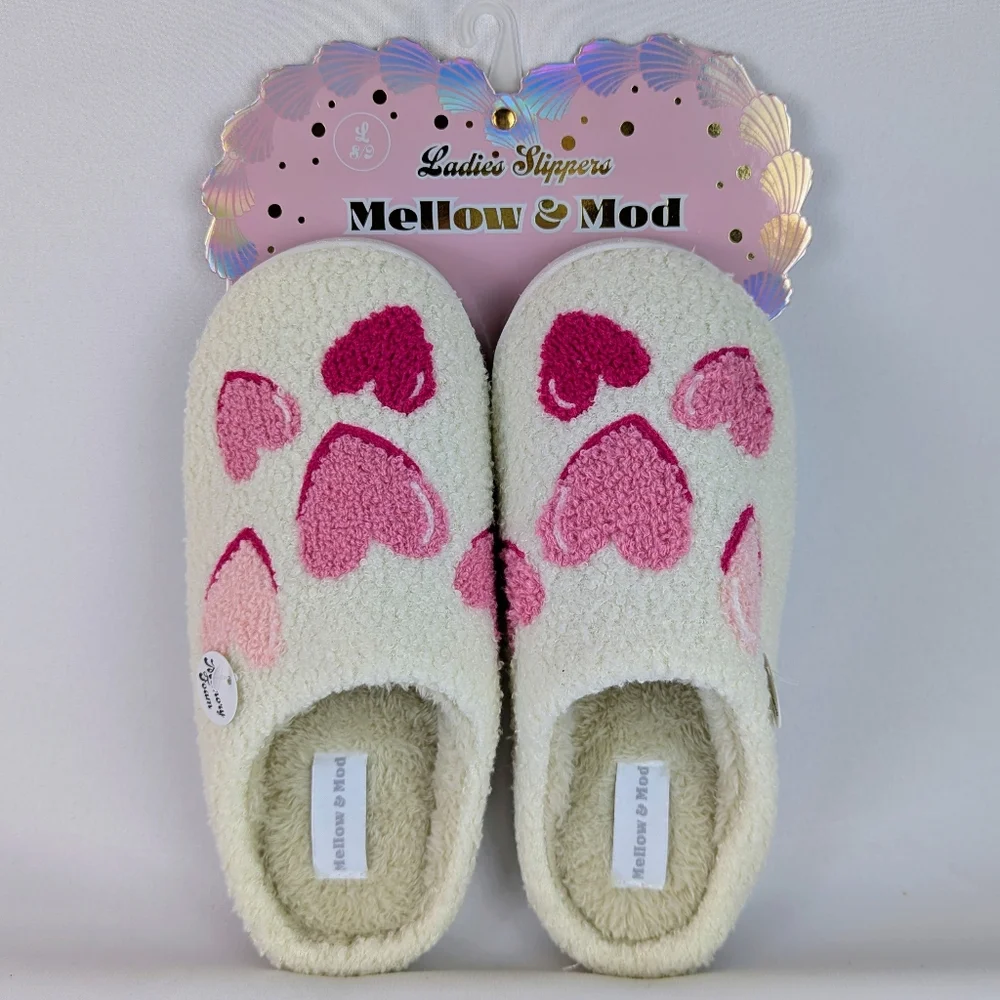 Hearts Slippers Sherpa Upper Fleece Memory Foam Slip On Ivory Pink L (8/9) NWT - Picture 8 of 13